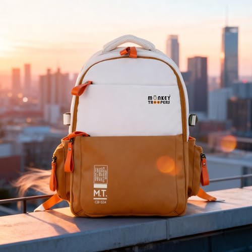 MONKEY TROOPERS Bouje Laptop Backpack Bag For Men Women Girls Boys, college, school, office, travel, casual, 15.6-inch,Quick Access & Zippered Pockets, 27 Litre, Water Resistant (White/Brown) - Image 2