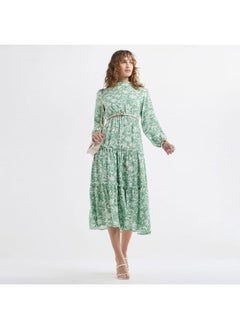 فاف فستان ميدي بياقة عالية وأكمام طويلة وطبعات أزهار  - Image 2