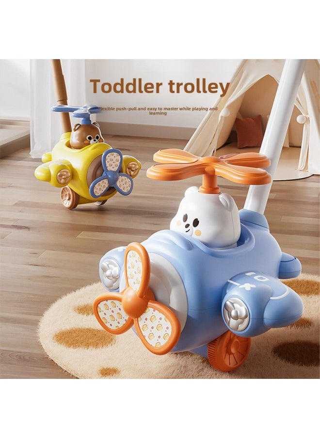 Children's Moe Fun Toddler Trolley Aircraft Bear Push Push Music Single Pole With Bell Interactive Toy 1-3 Years Old-Color:Blue  - Image 2