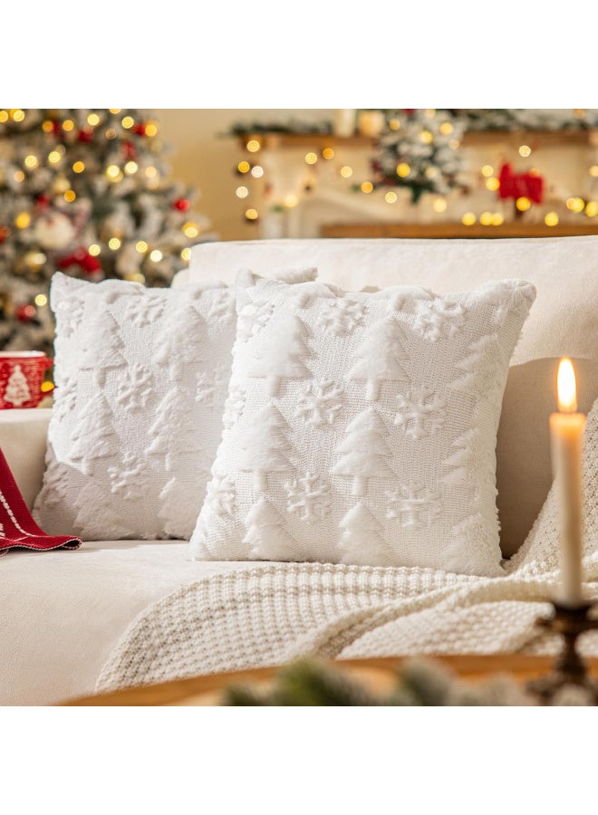 HI-FINE أغطية وسائد رمي شجرة عيد الميلاد البيضاء 18"x18" مجموعة من 2، أغطية وسائد زخرفية ناعمة من الفرو مع تطريز، وسائد تزيينية للعطلات للكنبة، ديكور منزلي على طراز المزرعة - Image 1