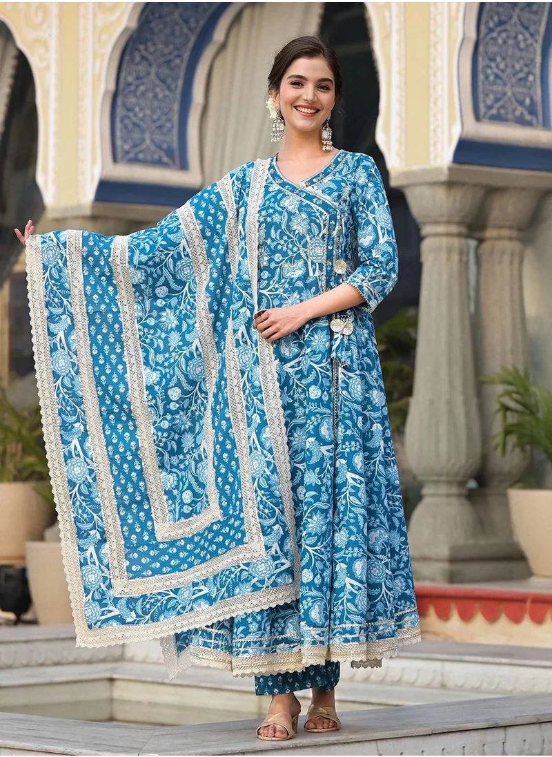 آي شين Women's Blue 100% Cotton Embellished Tunic Full Length Casual Straight Fit Kurta Set