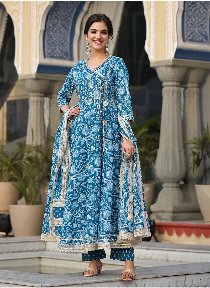 ISHIN Women's Blue 100% Cotton Embellished Tunic Full Length Casual Straight Fit Kurta Set