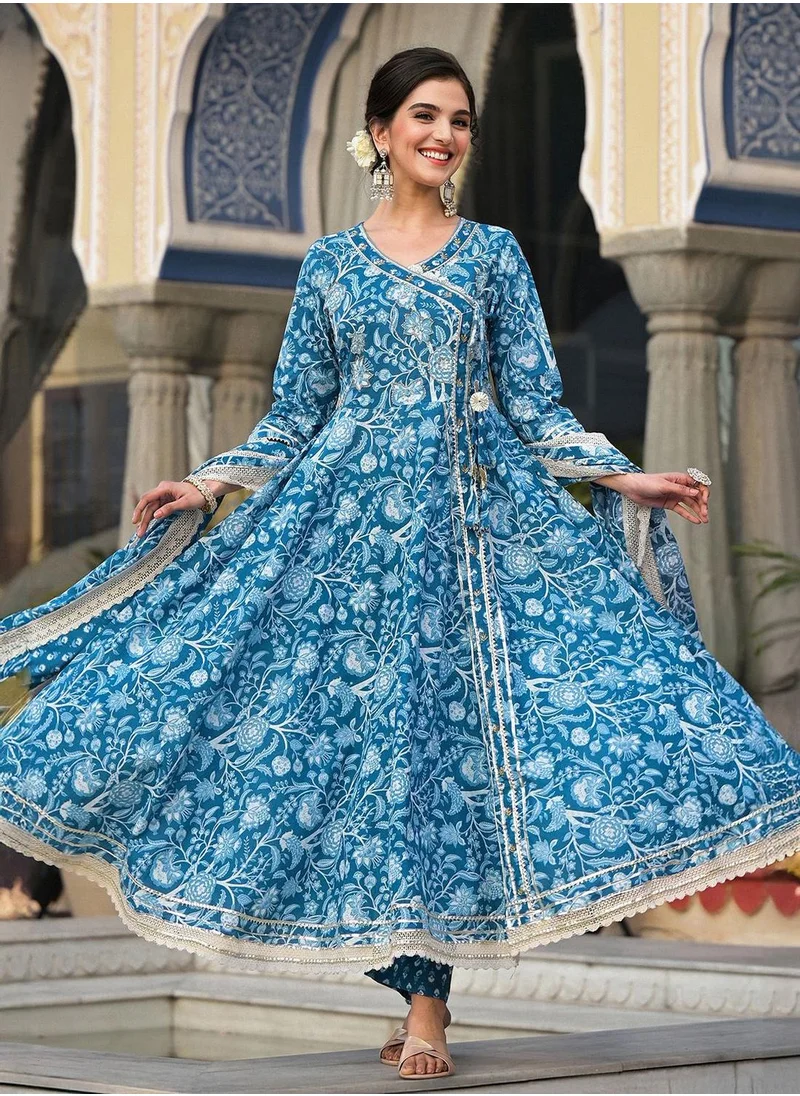 آي شين Women's Blue 100% Cotton Embellished Tunic Full Length Casual Straight Fit Kurta Set