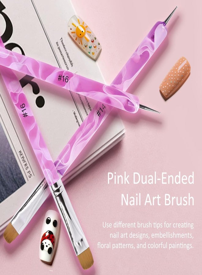 Kootinn Premium French Gel Acrylic Nail Art Brush & Dotting Tool - Professional Manicure Tool for Detailed Designs, Size #14 & #16, Elegant Pink Marble - Image 2