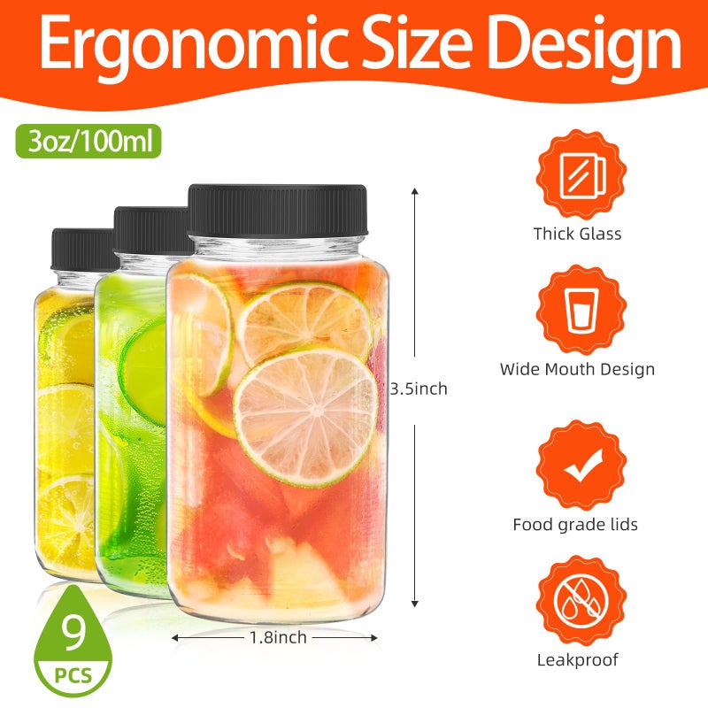 DODHEG 3 Ounce Juice Bottle, Glass Bulk Beverage Containers, Glass Drink Containers for Milk, Juice, Drinks Bottle Black Lid 9 Pcs - Image 2