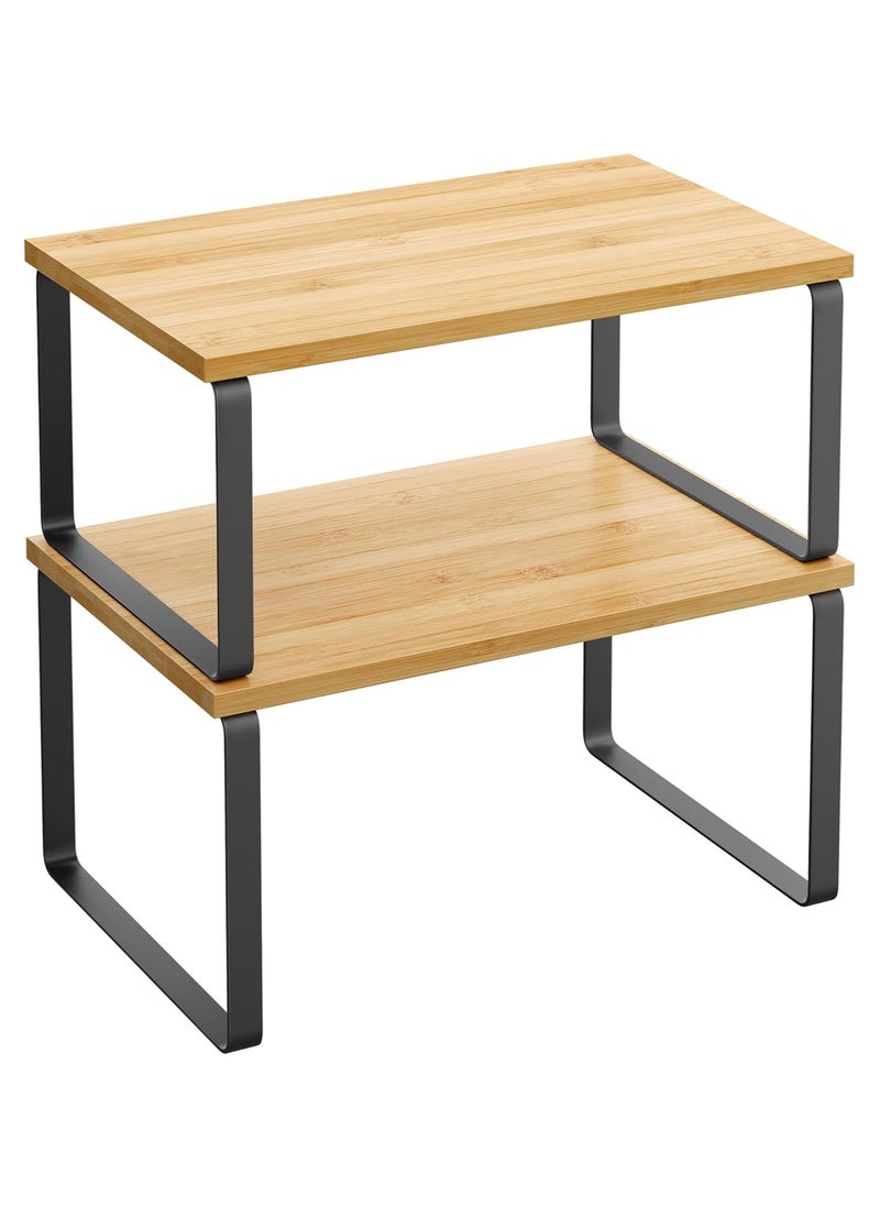 Generic 2 piece set of retractable kitchen shelving counter shelves, stackable, expandable, metal and engineered wood, black and natural  - Image 1