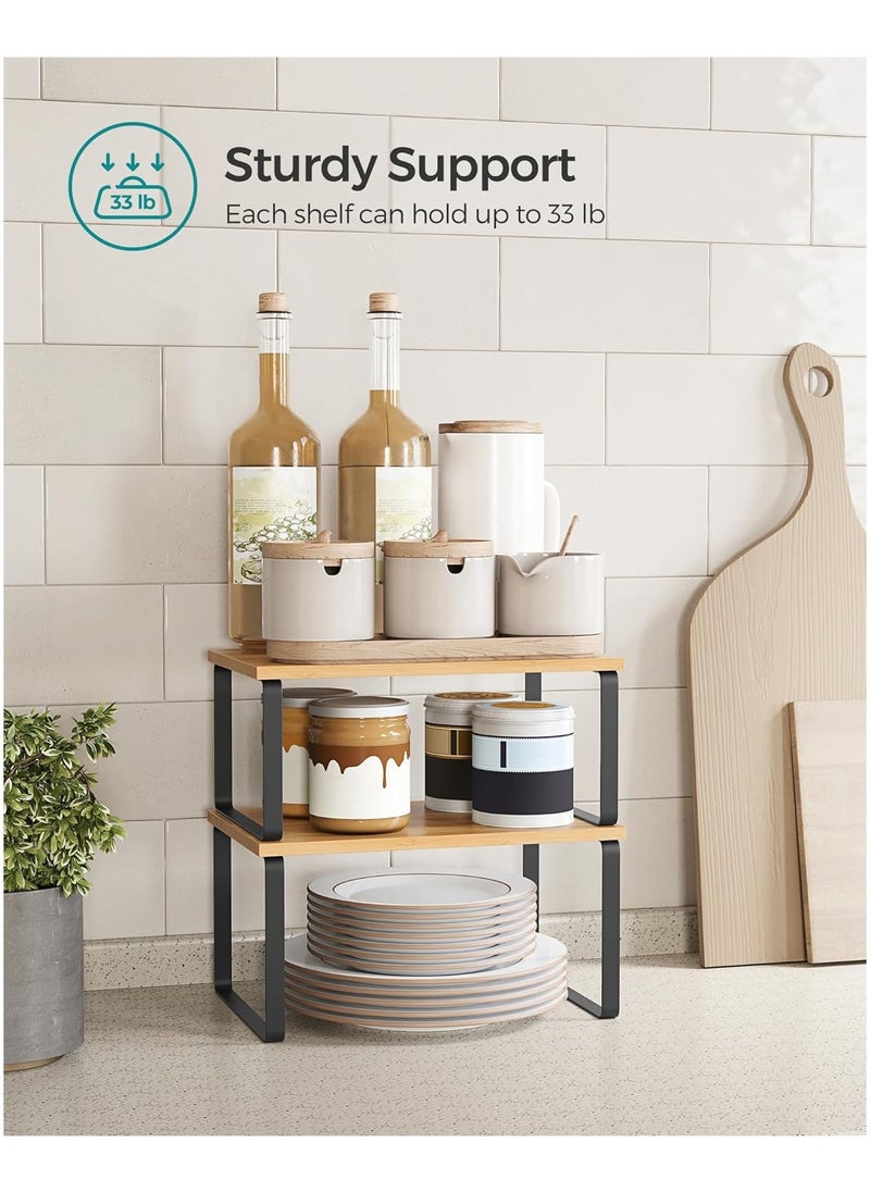 Generic 2 piece set of retractable kitchen shelving counter shelves, stackable, expandable, metal and engineered wood, black and natural  - Image 3