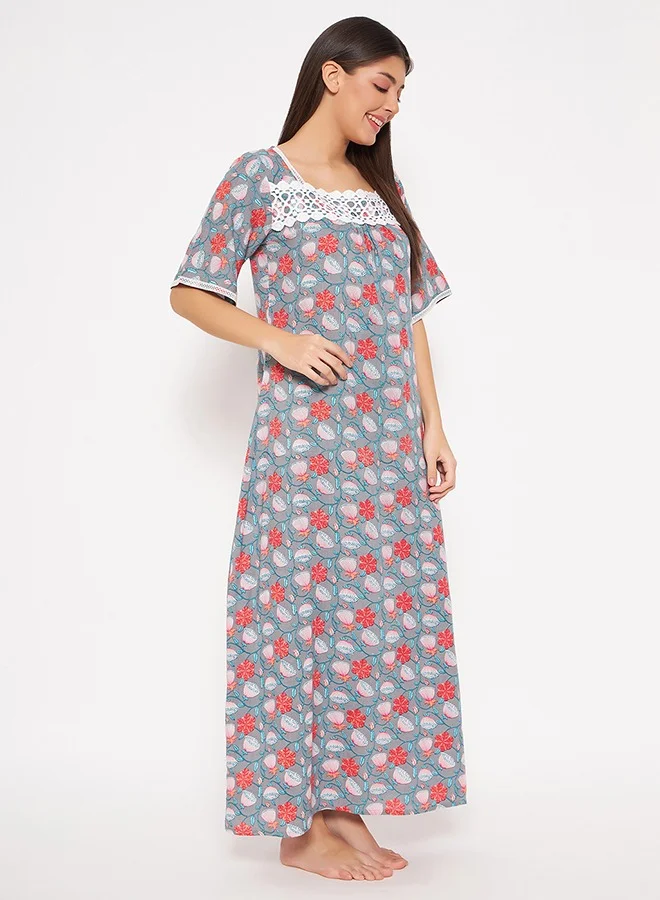 Clovia Clovia Pretty Florals Long Nighty in Light Grey - Rayon