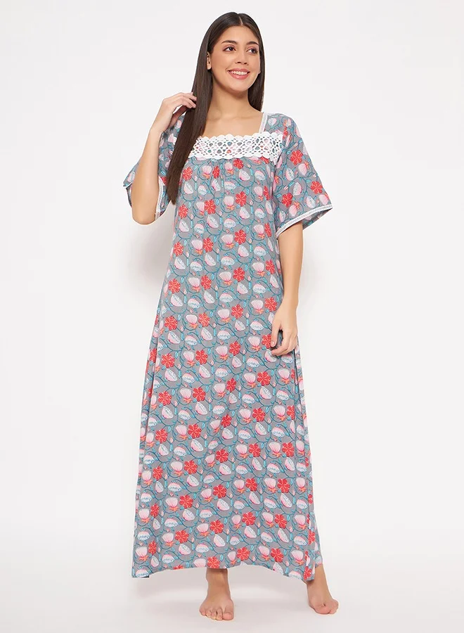 Clovia Clovia Pretty Florals Long Nighty in Light Grey - Rayon