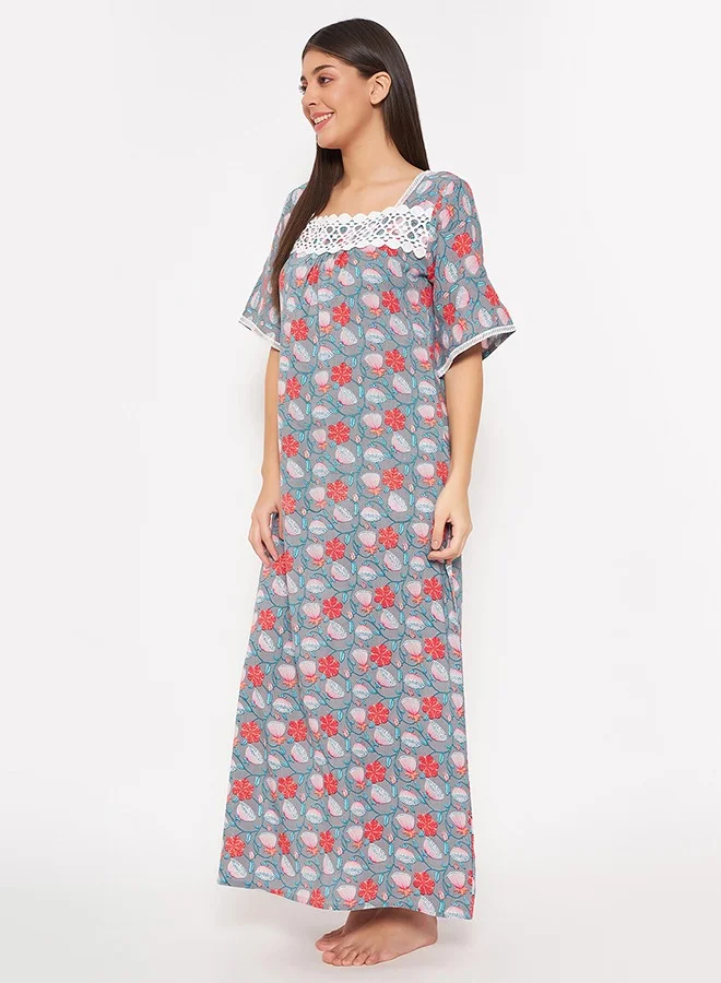 Clovia Clovia Pretty Florals Long Nighty in Light Grey - Rayon