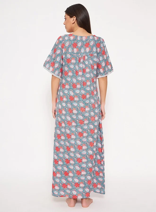 Clovia Clovia Pretty Florals Long Nighty in Light Grey - Rayon
