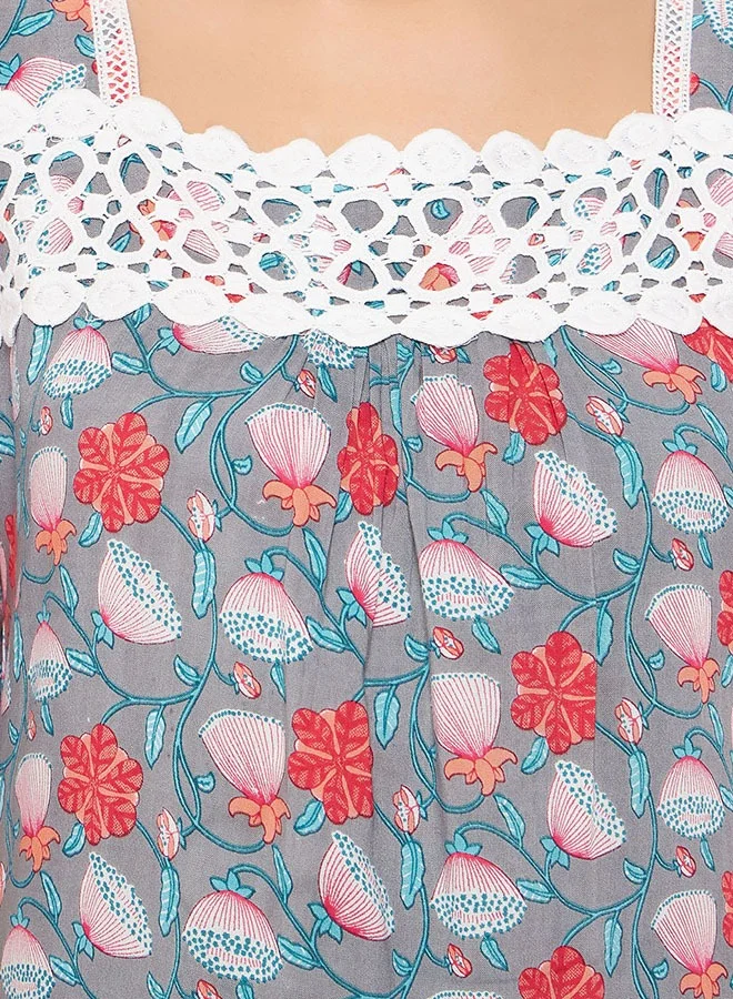 Clovia Clovia Pretty Florals Long Nighty in Light Grey - Rayon