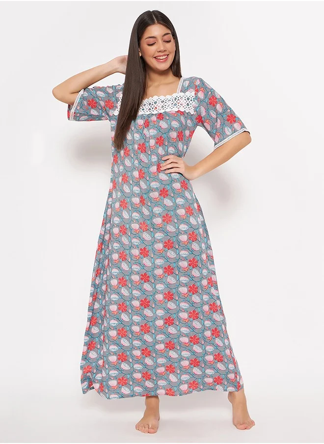 كلوفيا Clovia Pretty Florals Long Nighty in Light Grey - Rayon