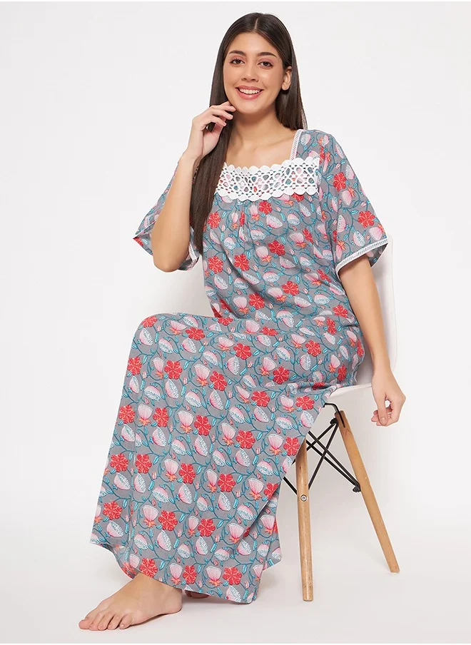 كلوفيا Clovia Pretty Florals Long Nighty in Light Grey - Rayon