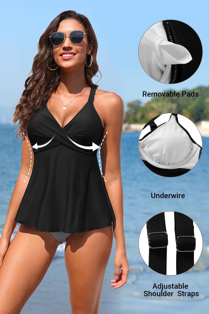 Yonique Women Underwire Tankini Top - Flowy Swimsuit Top Only Cross Back Twist Bathing Suit No Bottom 2025 Black XL - Image 4