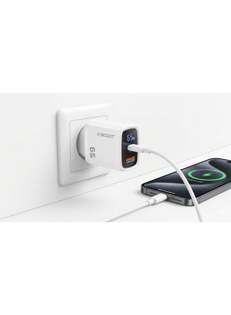 أكس-سكوت شاحن CH-272 الذكي السريع بشاشة LCD بقوة 65 واط - شاحن حائط بمنفذين من النوع C و USB مع عرض فوري للطاقة، يعمل على نطاق جهد كهربائي عالمي 100-240 فولت، لون أبيض - Image 2