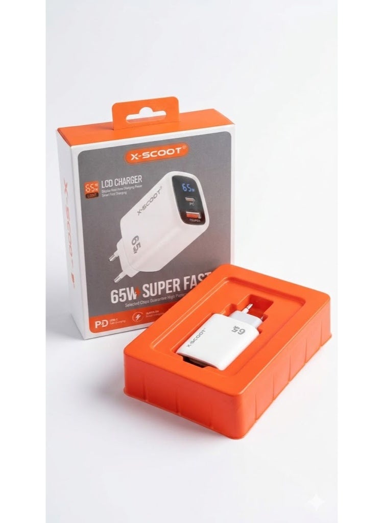 أكس-سكوت شاحن CH-272 الذكي السريع بشاشة LCD بقوة 65 واط - شاحن حائط بمنفذين من النوع C و USB مع عرض فوري للطاقة، يعمل على نطاق جهد كهربائي عالمي 100-240 فولت، لون أبيض - Image 3
