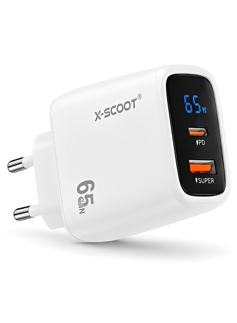 أكس-سكوت شاحن CH-272 الذكي السريع بشاشة LCD بقوة 65 واط - شاحن حائط بمنفذين من النوع C و USB مع عرض فوري للطاقة، يعمل على نطاق جهد كهربائي عالمي 100-240 فولت، لون أبيض - Image 1