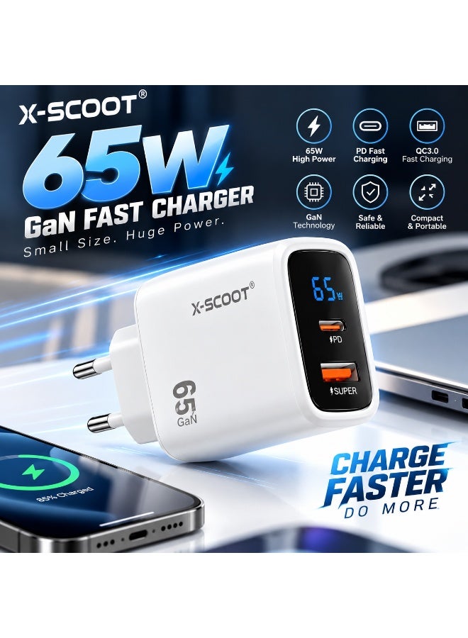 أكس-سكوت شاحن CH-272 الذكي السريع بشاشة LCD بقوة 65 واط - شاحن حائط بمنفذين من النوع C و USB مع عرض فوري للطاقة، يعمل على نطاق جهد كهربائي عالمي 100-240 فولت، لون أبيض - Image 4