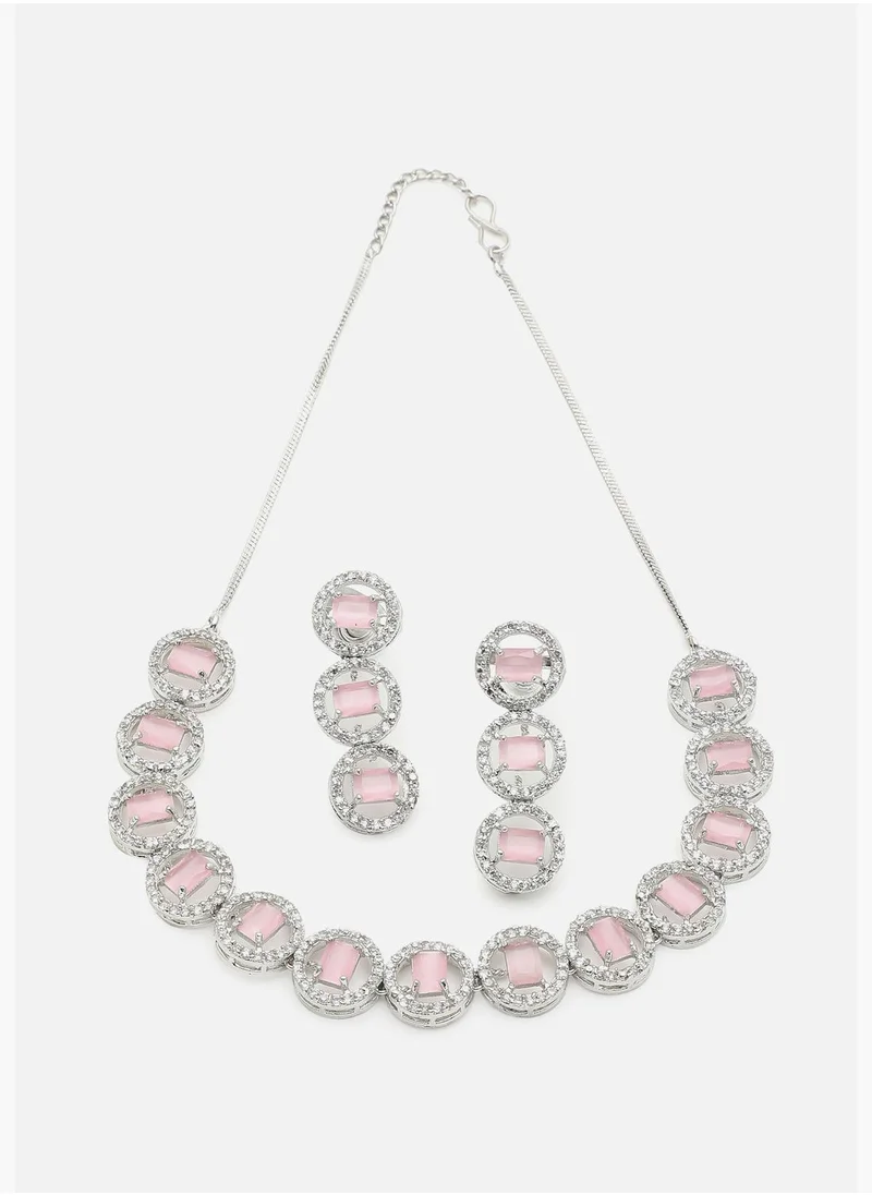 SOHI Silver Plated American Diamond and Designer Stone Necklace and Earring Set