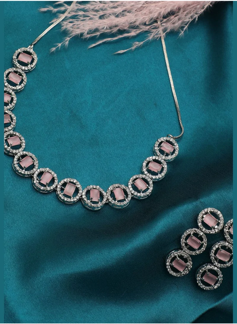 SOHI Silver Plated American Diamond and Designer Stone Necklace and Earring Set