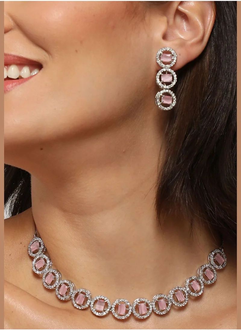 SOHI Silver Plated American Diamond and Designer Stone Necklace and Earring Set