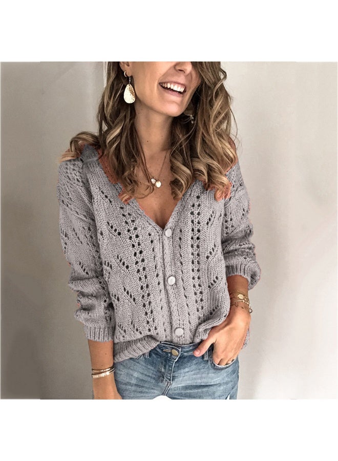 NIBEMINENT Autumn Women Hollow Solid Knit Cardigan Casual Button Front Long Sleeve Sweater Female Clothing - Image 1