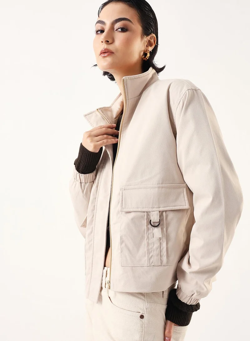 Women's Cream 100% Polyester Solid Regular Fit Jacket