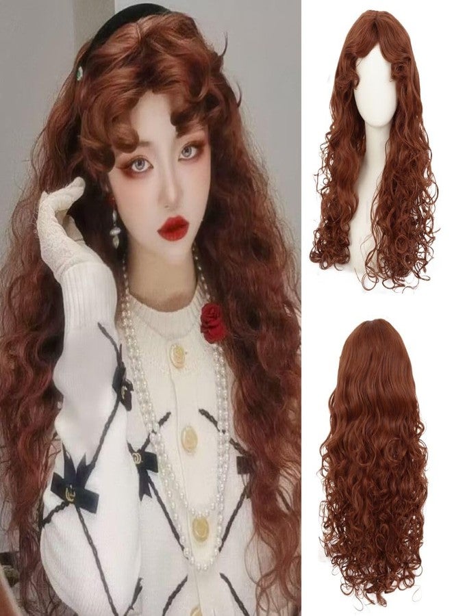 Tseses Brown Long Curly Wigs for Women Wave Wig with Bangs Natural Looking Synthetic Princess Hair Wig Cosplay Halloween Costume Wigs - Image 1