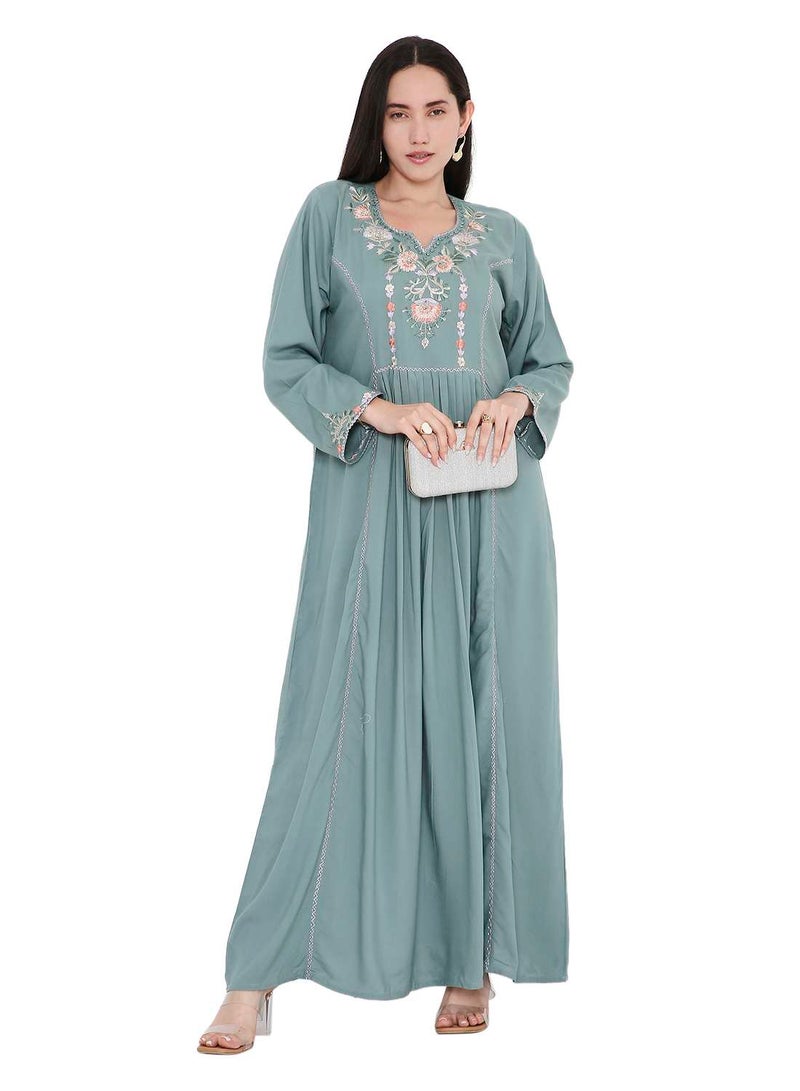 HANA & SARA UNIQUE THREAD EMBROIDERY LONG VISCOSE MODEST WEAR ARABIC FARASHA KAFTAN JALABIYA DRESS  - Image 1