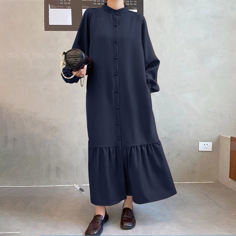 New Women's Casual Long Sleeve T-Shirt with Buttons Loose Dress Vintage Caftan Robe