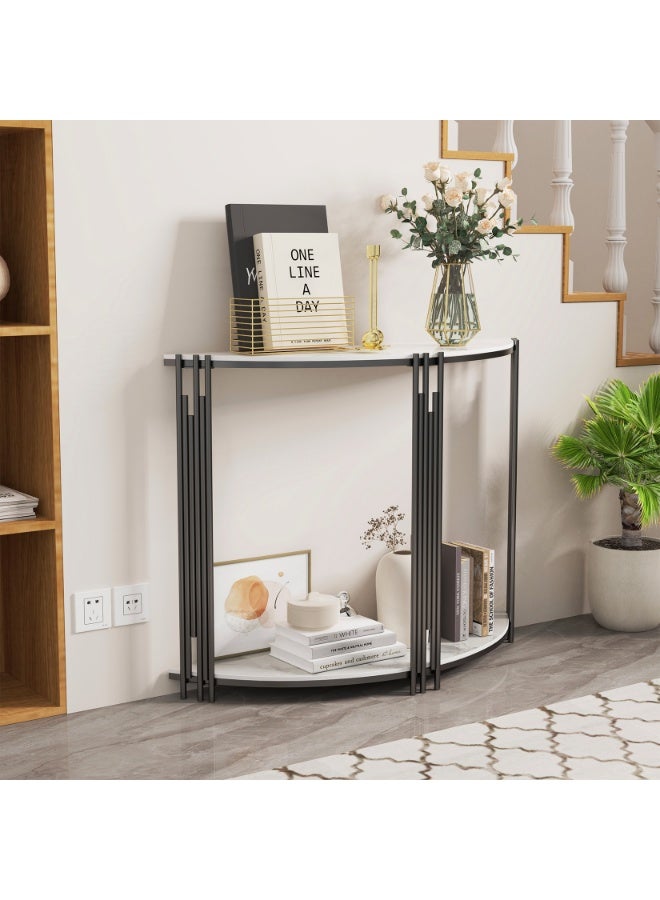 LUVODI Half Moon Console Table - White Marble Hall Table (100x30x78cm) Slim Semi-Circle Sofa Side Table for Living Room, Entrance, Villa Porch - Modern Luxury Sintered Stone - Image 4