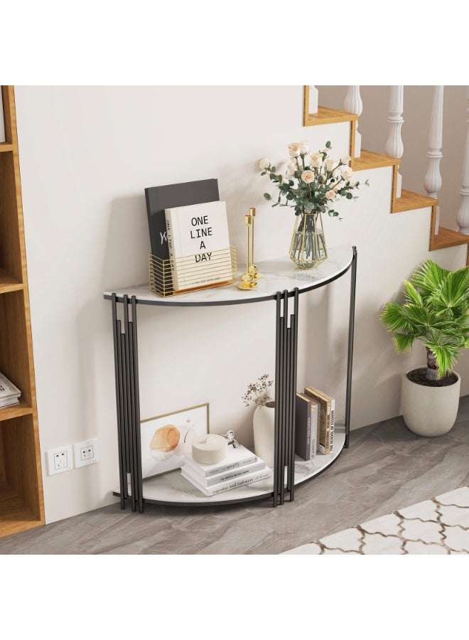LUVODI Half Moon Console Table - White Marble Hall Table (100x30x78cm) Slim Semi-Circle Sofa Side Table for Living Room, Entrance, Villa Porch - Modern Luxury Sintered Stone - Image 5