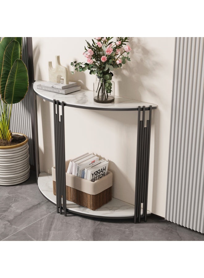 LUVODI Half Moon Console Table - White Marble Hall Table (100x30x78cm) Slim Semi-Circle Sofa Side Table for Living Room, Entrance, Villa Porch - Modern Luxury Sintered Stone - Image 2