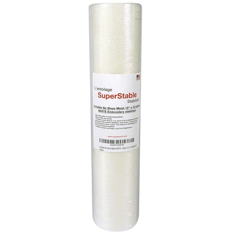 Superpunch Invisible NoShow Mesh Stabilizer 15 oz Cutaway Stabilizer For Embroidery Machines12 inch x 10 Yard Roll SuperStable Lightweight Cut Away Machine Embroidery Backing Made in USA White