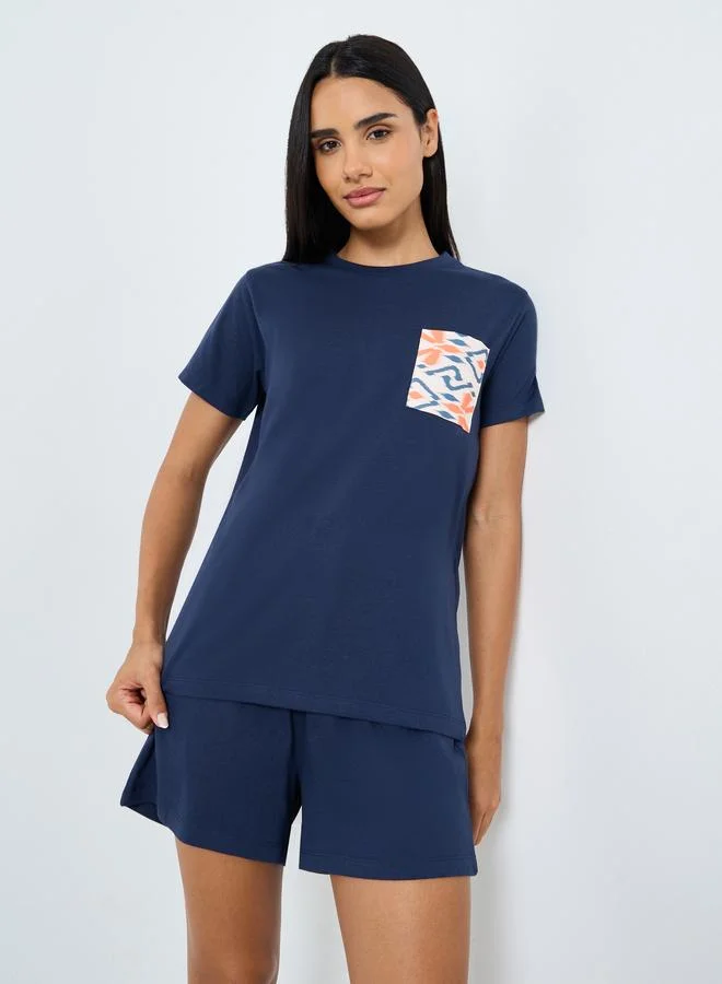 ستايلي Styli Aztec Pocket T-Shirt and Ruffle Waist Shorts Set