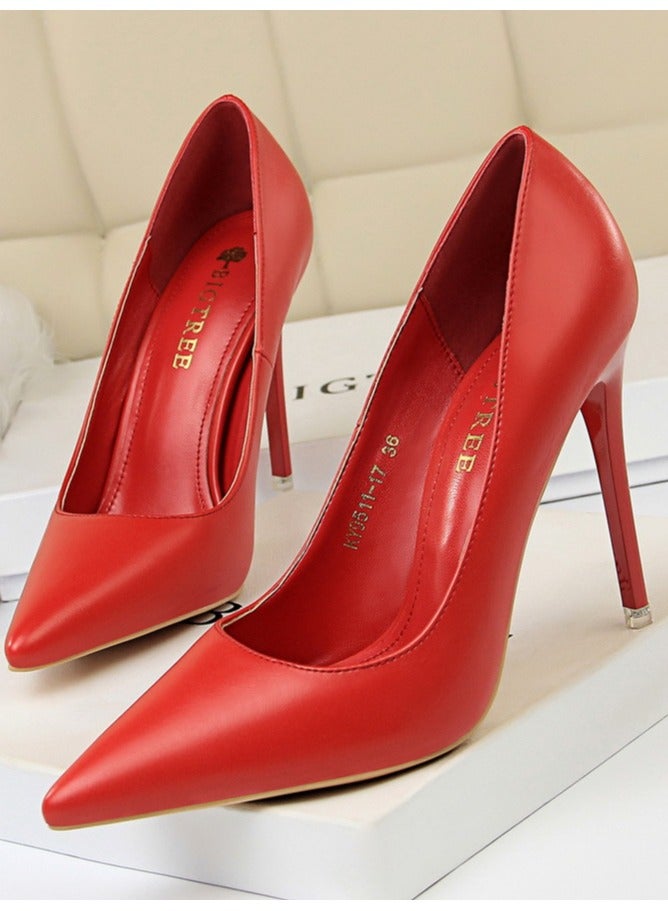 BIGTREE Women's Comfortable Stiletto Pumps 10.5cm Elegant Gorgeous Closed Pointed Toe Slip On Solid High Heels Red - Image 1