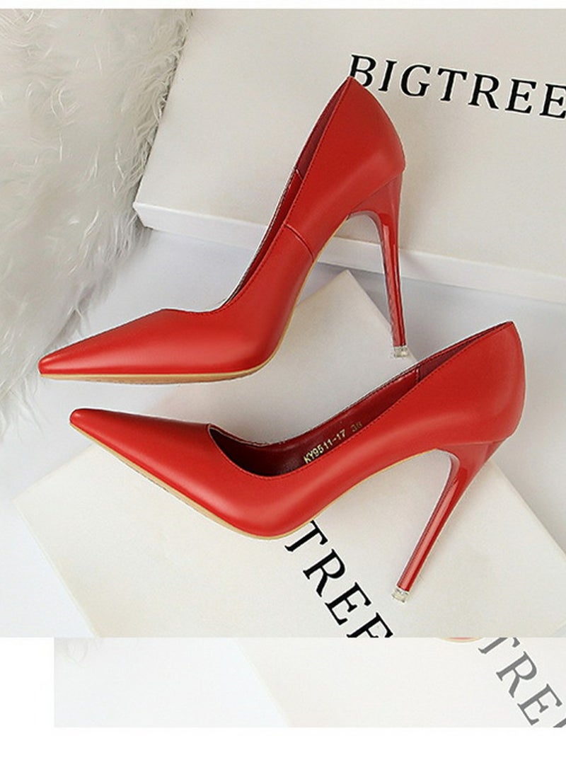 BIGTREE Women's Comfortable Stiletto Pumps 10.5cm Elegant Gorgeous Closed Pointed Toe Slip On Solid High Heels Red - Image 2