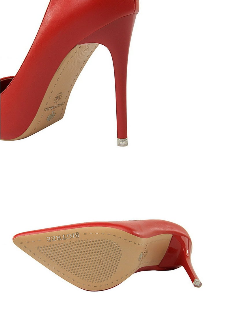 BIGTREE Women's Comfortable Stiletto Pumps 10.5cm Elegant Gorgeous Closed Pointed Toe Slip On Solid High Heels Red - Image 3