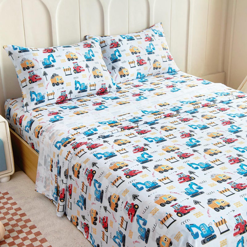 Homilay Queen Sheets Set Kids - 4 Piece Engineering Car Sheets for Boys, Girls, Teens, Toddler, Easy Fit Deep Pockets, Breathable, Wrinkle-Free, Cozy Soft Cartoon Print Cute Bed Sheets - Image 1