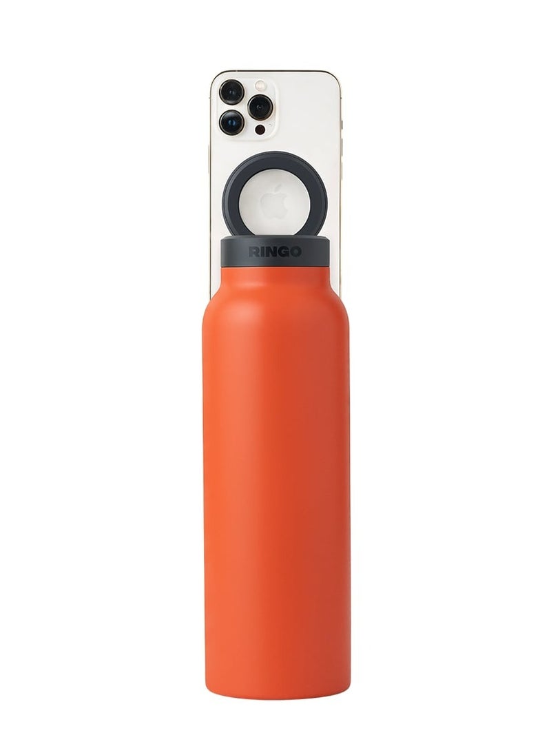 Ringo - Water Bottle 32Oz + Free Magnetic Booster Ring | Stainless Steel Hydration Bottle w/ Integrated MagSafe Phone Mount, 12Hrs Hot/24Hrs Cold, BPA-Free , Works w/ All Devices Android & iOS - Orange - Image 1