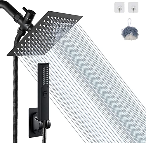 bellearly 8'' Matte Black Shower Head with hose, 2 in 1 Setting High Pressure Shower Heads, Anti-leak Rainfall Shower Head with Holder, Dual Rain Shower Head with Handheld Spray, Bellearlly - Image 1
