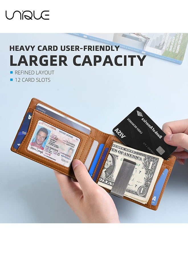 Unique Wallet for Men Slim Larger Capacity with 12 Slots RFID Blocking Men's Wallet Minimalist Front Pocket Bifold Leather with ID Window Gift Box - Image 2