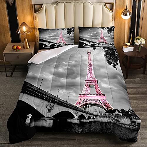 kxry Paris Comforter Set Queen Size Pink Eiffel Tower Seine Bedding French Style Paris Cityscape Quilt for Girls Women 1 Comforter + 2 Pillow Cases - Image 1