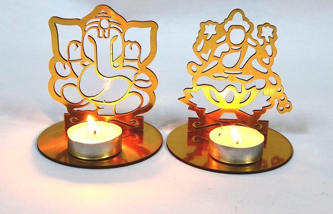 MDF LAXMI GANESH TLIGHT HOLDER SHADOW DIYA DEEPAWALI TRADITIONAL DECORATIVE DIYA IN OM SHAPE FOR HOMEOFFICERELIGIOUS TEA LIGHT CANDLE HOLDER STAND DIWALI GIFT 2 PC SET