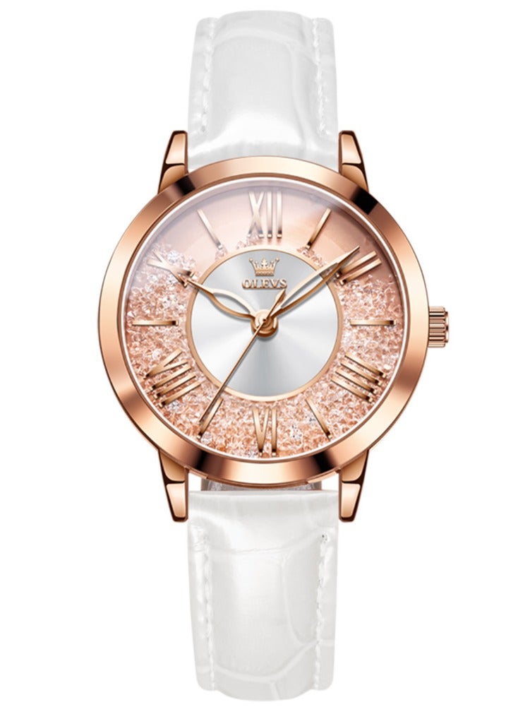 أوليفز ساعات جلدية كلاسيكية للنساء للعمل والمناسبات الرسمية، مرصعة بأحجار الراين، أرقام رومانية، ساعات نسائية مقاومة للماء، كوارتز تناظرية، ساعات معصم نسائية بحزام جلدي أبيض - Image 1