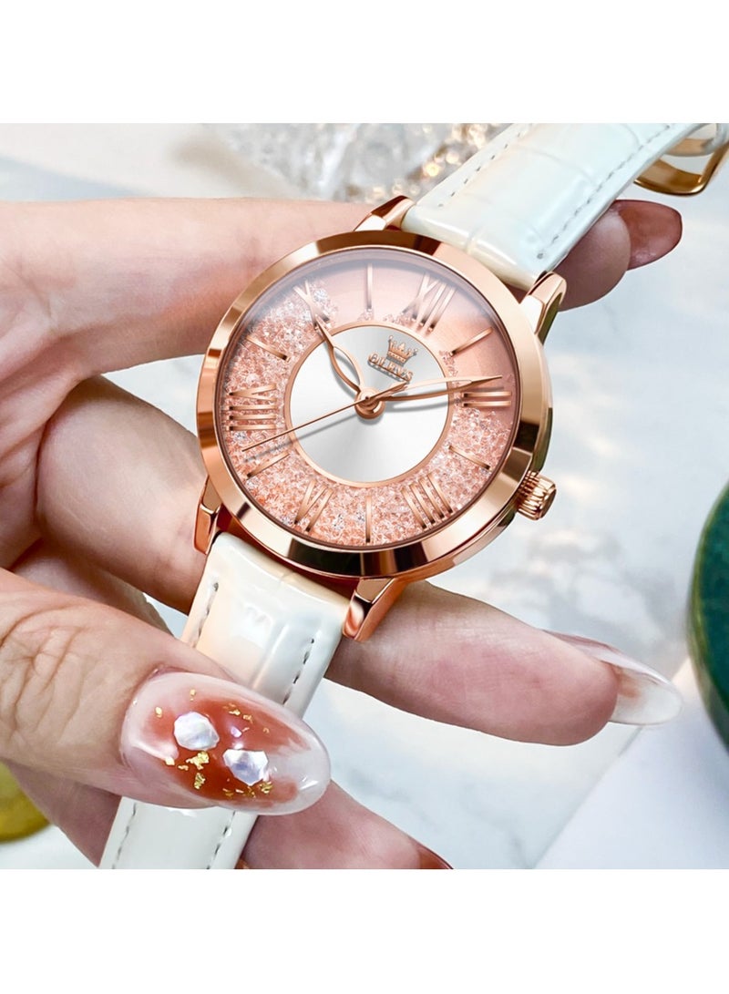 أوليفز ساعات جلدية كلاسيكية للنساء للعمل والمناسبات الرسمية، مرصعة بأحجار الراين، أرقام رومانية، ساعات نسائية مقاومة للماء، كوارتز تناظرية، ساعات معصم نسائية بحزام جلدي أبيض - Image 2