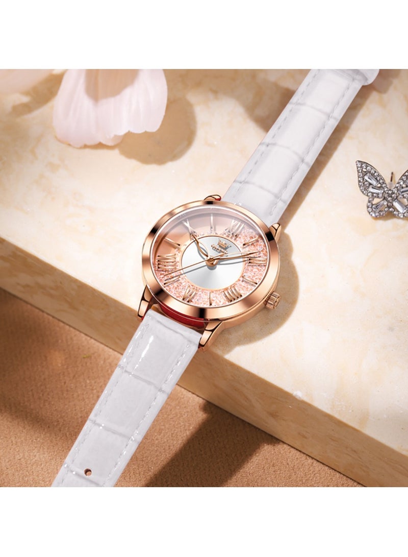 أوليفز ساعات جلدية كلاسيكية للنساء للعمل والمناسبات الرسمية، مرصعة بأحجار الراين، أرقام رومانية، ساعات نسائية مقاومة للماء، كوارتز تناظرية، ساعات معصم نسائية بحزام جلدي أبيض - Image 5