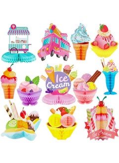 Marspark 12 Pieces Ice Cream Table Centerpiece Honeycomb Sundae Topper Decoration Summer Ice Cream Cart Ice Lolly Centerpiece For Baby Shower Birthday Party Supplies  - Image 1