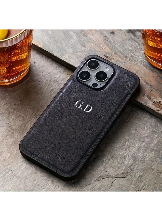 Custom Black Leather Phone Case Compatible With iPhone 15 Personalized Initials - Image 1
